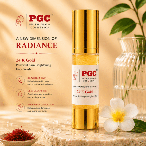 Infographic detailing the benefits of Prism Glow 24 K Gold Skin Brightening Face Wash, highlighting skin brightening, deep cleansing, and complexion improvement, displayed with saffron and a frangipani flower.