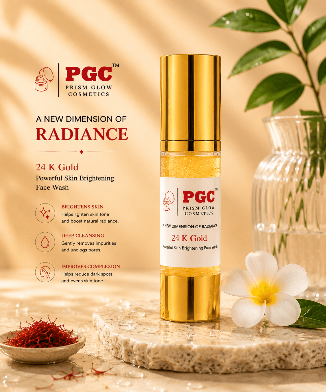 Prism Glow 24 K Gold Skin Brightening Face Wash Benefits Infographic detailing the benefits of Prism Glow 24 K Gold Skin Brightening Face Wash, highlighting skin brightening, deep cleansing, and complexion improvement, displayed with saffron and a frangipani flower.