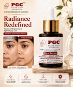 Infographic showing a 4-week before and after transformation using Prism Glow Age Defy + Bright Face Serum, demonstrating visibly minimized pores, brighter skin, and a more even complexion.