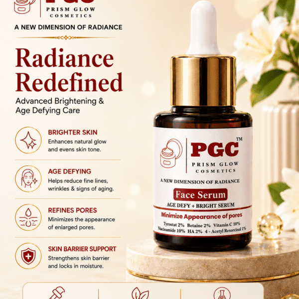 Infographic for Prism Glow Age Defy + Bright Face Serum highlighting its advanced brightening and age-defying care, including brighter skin, refined pores, and skin barrier support.