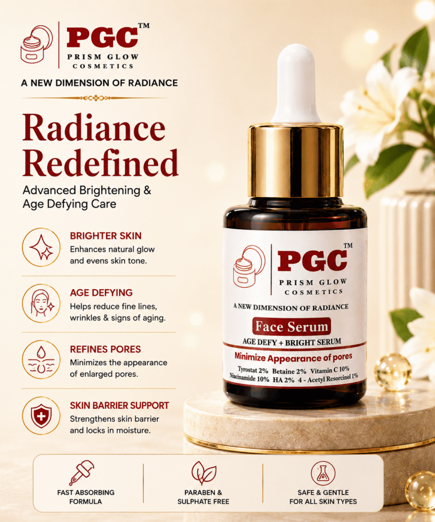 Infographic for Prism Glow Age Defy + Bright Face Serum highlighting its advanced brightening and age-defying care, including brighter skin, refined pores, and skin barrier support.