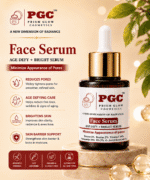Infographic detailing the benefits of Prism Glow Age Defy + Bright Face Serum, highlighting pore reduction, age-defying care, skin brightening, and skin barrier support.