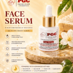 Infographic for Prism Glow All in One Bright Face Serum, featuring a white dropper bottle and highlighting advanced actives like Vitamin C, Kojic Acid, and Lactic Acid for brightening skin, reducing dark spots, and boosting collagen.