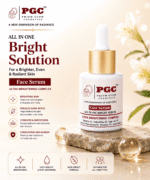 Infographic detailing the benefits of Prism Glow All In One Bright Face Serum, highlighting its ability to brighten skin, reduce dark spots, hydrate, and strengthen the skin barrier.