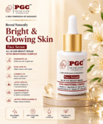 Infographic detailing the Ultra Brightening Complex of Prism Glow All In One Bright Face Serum, featuring Nanowhite, Kojic Acid, Vitamin C, Lactic Acid, SulforaWhite, and Lactoyl Phenylalanine for bright and glowing skin