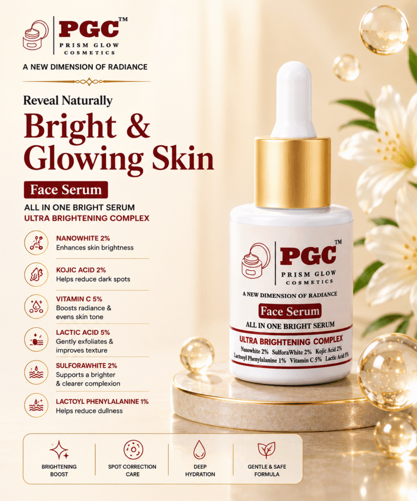 Infographic detailing the Ultra Brightening Complex of Prism Glow All In One Bright Face Serum, featuring Nanowhite, Kojic Acid, Vitamin C, Lactic Acid, SulforaWhite, and Lactoyl Phenylalanine for bright and glowing skin