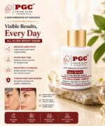 Infographic for Prism Glow All In One Bright Face Serum showing a 4-week before and after transformation, highlighting visible daily results in reducing dark spots, evening skin tone, and boosting hydration.