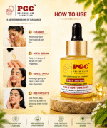 A 4-step infographic showing how to use Prism Glow Brightening Face Serum, detailing how to cleanse, apply 2-3 drops, massage gently, and use twice daily for glowing, even-toned skin.