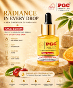 Infographic for Prism Glow Face Serum, a powerful brightening serum formulated with 23% Vitamin C and 2% Alpha Arbutin to reduce melasma spots, remove acne, and provide deep hydration for an even tone, glowing complexion.
