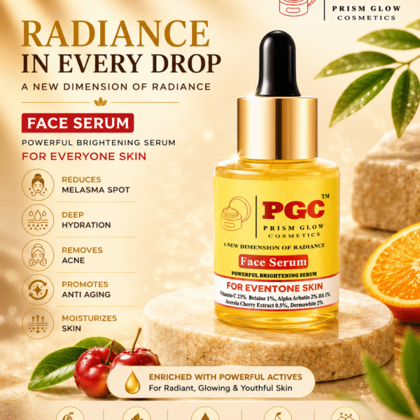 Infographic for Prism Glow Face Serum, a powerful brightening serum formulated with 23% Vitamin C and 2% Alpha Arbutin to reduce melasma spots, remove acne, and provide deep hydration for an even tone, glowing complexion.