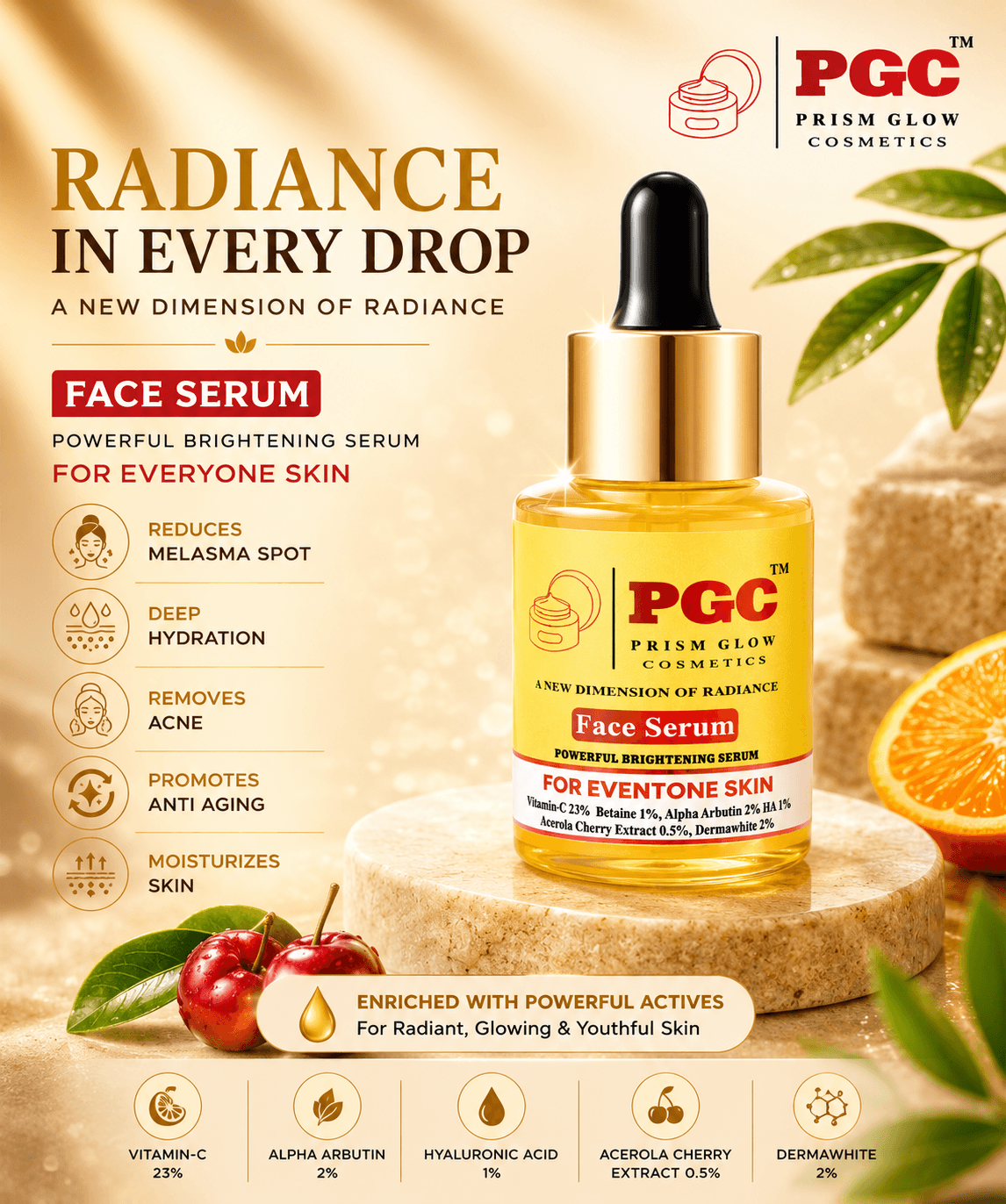 Infographic for Prism Glow Face Serum, a powerful brightening serum formulated with 23% Vitamin C and 2% Alpha Arbutin to reduce melasma spots, remove acne, and provide deep hydration for an even tone, glowing complexion.