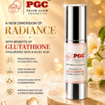 Infographic for Prism Glow Cosmetics highlighting a silver pump bottle formulated with Glutathione, Hyaluronic Acid, and Kojic Acid to brighten skin, provide deep hydration, and reduce dark spots.
