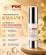 Infographic for Prism Glow Cosmetics highlighting a silver pump bottle formulated with Glutathione, Hyaluronic Acid, and Kojic Acid to brighten skin, provide deep hydration, and reduce dark spots.
