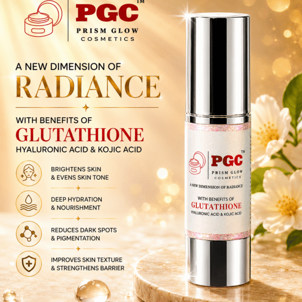 Infographic for Prism Glow Cosmetics highlighting a silver pump bottle formulated with Glutathione, Hyaluronic Acid, and Kojic Acid to brighten skin, provide deep hydration, and reduce dark spots.