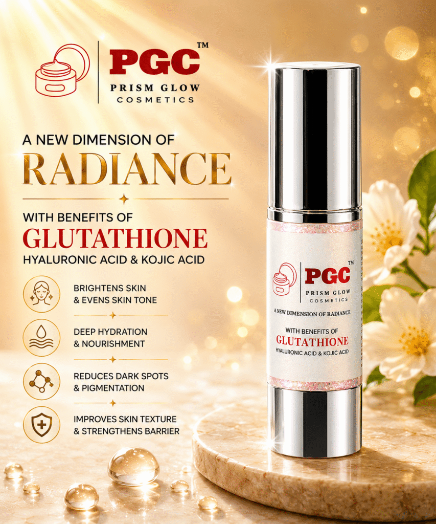 Infographic for Prism Glow Cosmetics highlighting a silver pump bottle formulated with Glutathione, Hyaluronic Acid, and Kojic Acid to brighten skin, provide deep hydration, and reduce dark spots.