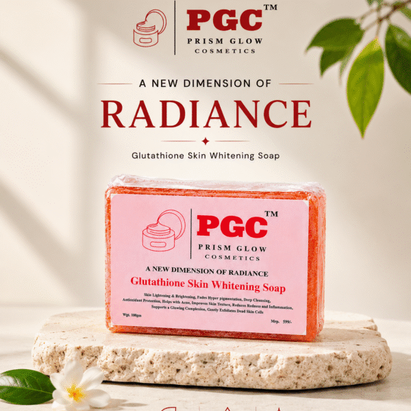 Prism Glow Cosmetics Glutathione Skin Whitening Soap resting on a natural stone slab, designed to brighten, cleanse, and give skin a radiant glow