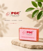 Prism Glow Cosmetics Glutathione Skin Whitening Soap resting on a natural stone slab, featuring the tagline nourish, cleanse, glow.