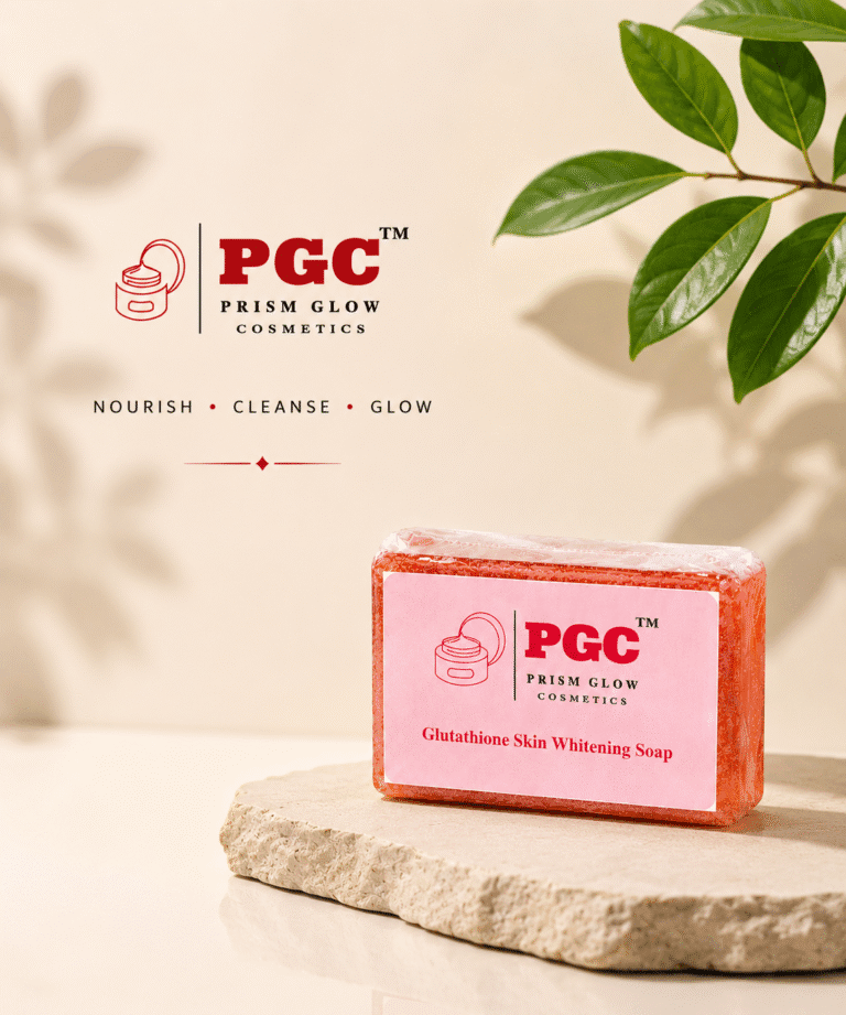 Prism Glow Cosmetics Glutathione Skin Whitening Soap resting on a natural stone slab, featuring the tagline nourish, cleanse, glow.