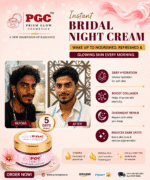 Before and after photos showing a man's 5-day skin transformation using Prism Glow Instant Bridal Night Cream, highlighting benefits like deep hydration, collagen boost, overnight repair, and dark spot reduction.