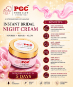 Infographic detailing the 7 benefits of Prism Glow Instant Bridal Night Cream, including skin brightening, anti-aging, acne reduction, and dark spot removal, with noticeable results in 5 days.