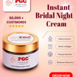Prism Glow Instant Bridal Night Cream product jar infographic on a pink background, highlighting benefits like moisturization, collagen boosting, deep hydration, and melasma reduction for over 50,000 customers.