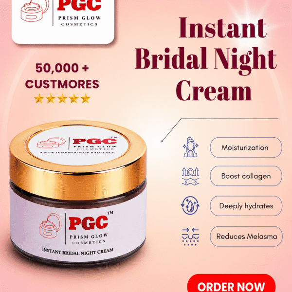 Prism Glow Instant Bridal Night Cream product jar infographic on a pink background, highlighting benefits like moisturization, collagen boosting, deep hydration, and melasma reduction for over 50,000 customers.