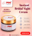 Prism Glow Instant Bridal Night Cream product jar infographic on a pink background, highlighting benefits like moisturization, collagen boosting, deep hydration, and melasma reduction for over 50,000 customers.