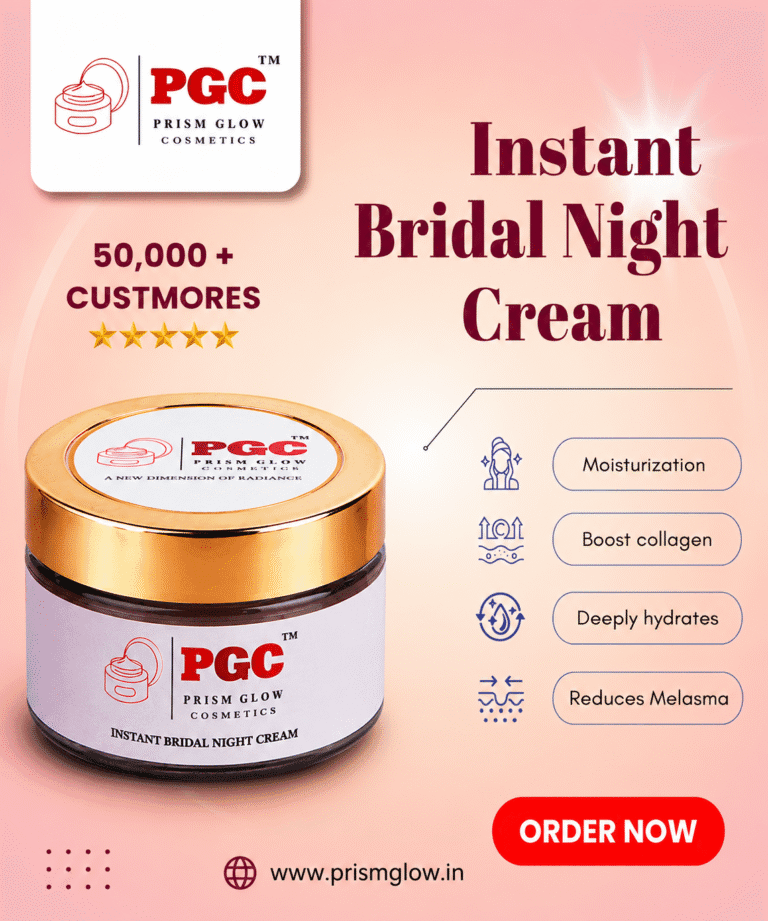 Prism Glow Instant Bridal Night Cream product jar infographic on a pink background, highlighting benefits like moisturization, collagen boosting, deep hydration, and melasma reduction for over 50,000 customers.