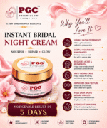 Infographic explaining why you will love Prism Glow Instant Bridal Night Cream, highlighting benefits like a visible overnight glow, deep hydration, acne reduction, and dark spot fading, with results in 5 days.