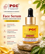 Infographic outlining the benefits of Prism Glow Powerful Brightening Face Serum for even-tone skin, including skin brightening, deep hydration, and a radiant glow, displayed on natural stones.