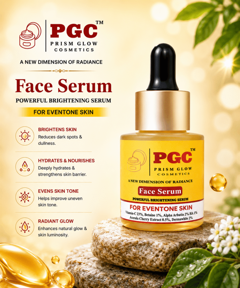 Infographic outlining the benefits of Prism Glow Powerful Brightening Face Serum for even-tone skin, including skin brightening, deep hydration, and a radiant glow, displayed on natural stones.
