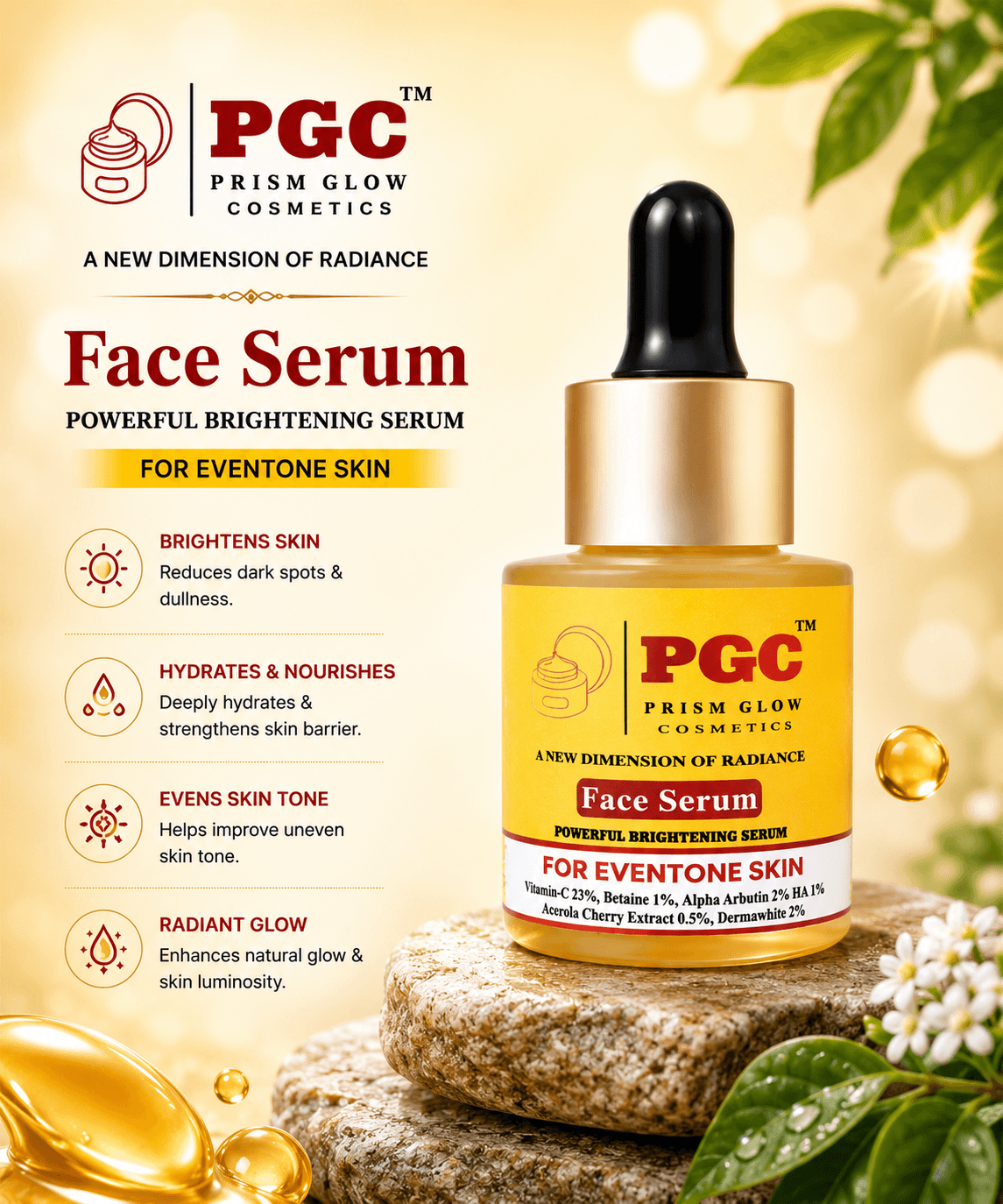 Infographic outlining the benefits of Prism Glow Powerful Brightening Face Serum for even-tone skin, including skin brightening, deep hydration, and a radiant glow, displayed on natural stones.
