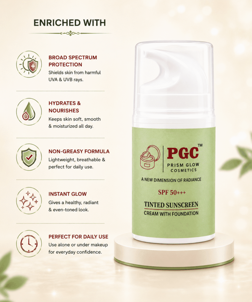 Infographic detailing the benefits of Prism Glow Tinted Sunscreen SPF 50+++, highlighting broad-spectrum protection, all-day hydration, a non-greasy formula, and an instant glow for perfect daily use.