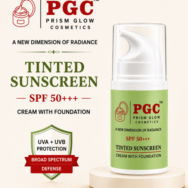Promotional graphic for Prism Glow Tinted Sunscreen SPF 50+++ Cream with Foundation, featuring a shield highlighting broad-spectrum UVA and UVB protection.