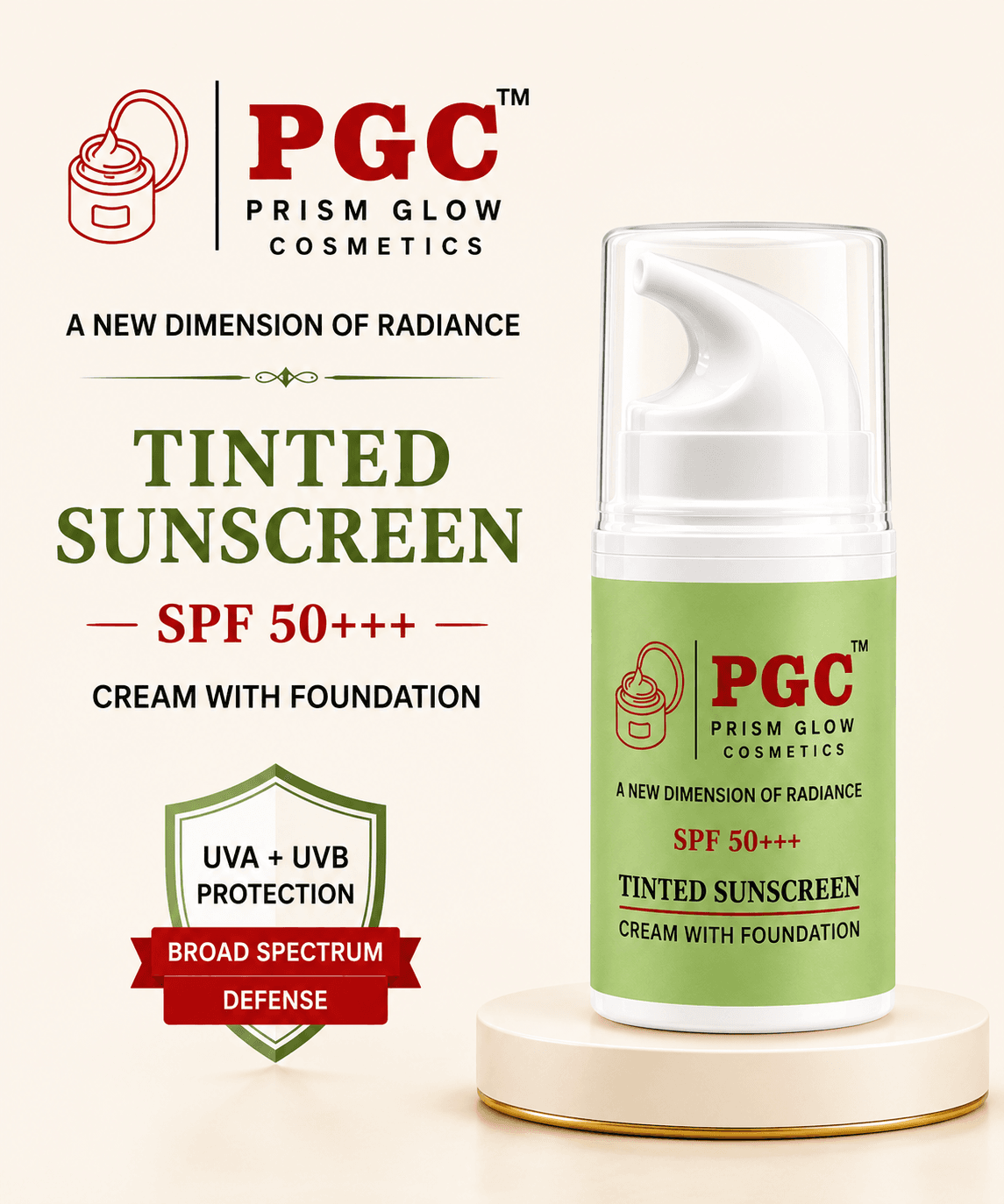 Promotional graphic for Prism Glow Tinted Sunscreen SPF 50+++ Cream with Foundation, featuring a shield highlighting broad-spectrum UVA and UVB protection.