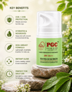 Infographic outlining the key benefits of Prism Glow Tinted Sunscreen SPF 50+++, including UVA/UVB protection, hydration, a non-greasy formula, an instant glow, and daily use suitability, displayed on natural stones.
