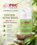 Infographic detailing the benefits of Prism Glow Tinted Sunscreen SPF 50+++, highlighting UVA/UVB protection, hydration, a non-greasy formula, and an instant glow, displayed on natural stones amidst green foliage.