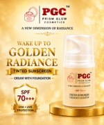 Promotional graphic for Prism Glow Tinted Sunscreen Cream with Foundation, featuring a gold shield highlighting SPF 70+++ UVA and UVB protection for a golden radiance.