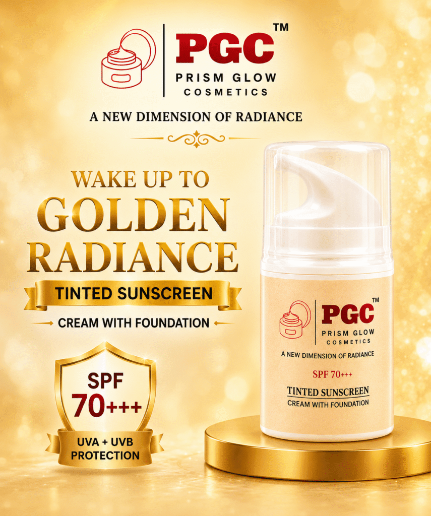 Promotional graphic for Prism Glow Tinted Sunscreen Cream with Foundation, featuring a gold shield highlighting SPF 70+++ UVA and UVB protection for a golden radiance.