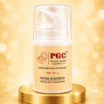 A bottle of Prism Glow Cosmetics SPF 70+++ Tinted Sunscreen Cream with Foundation resting on a shiny gold podium against a sparkling golden background.