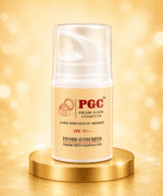 A bottle of Prism Glow Cosmetics SPF 70+++ Tinted Sunscreen Cream with Foundation resting on a shiny gold podium against a sparkling golden background.