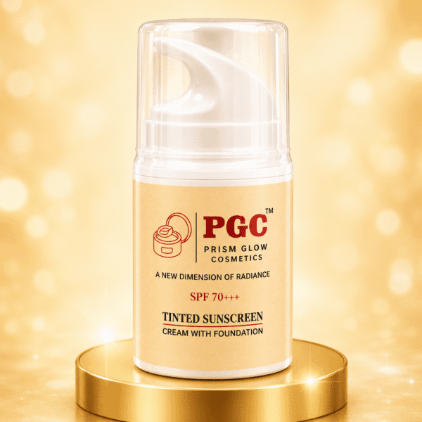 A bottle of Prism Glow Cosmetics SPF 70+++ Tinted Sunscreen Cream with Foundation resting on a shiny gold podium against a sparkling golden background.