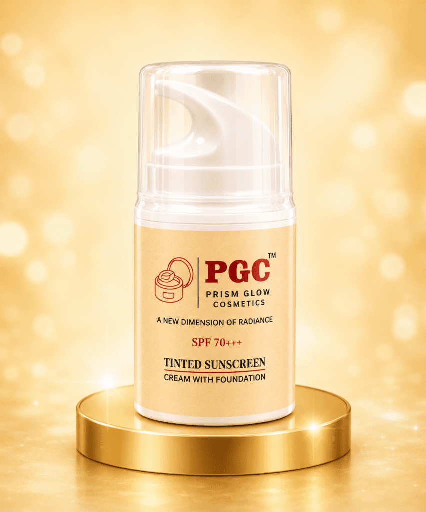 A bottle of Prism Glow Cosmetics SPF 70+++ Tinted Sunscreen Cream with Foundation resting on a shiny gold podium against a sparkling golden background.