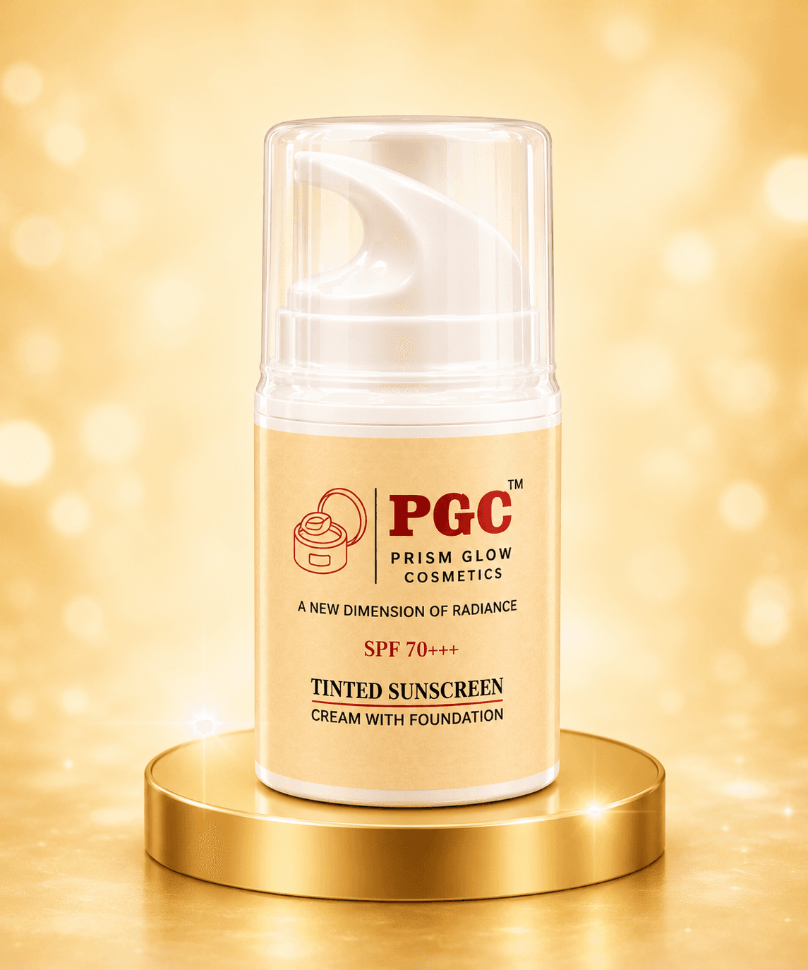 A bottle of Prism Glow Cosmetics SPF 70+++ Tinted Sunscreen Cream with Foundation resting on a shiny gold podium against a sparkling golden background.