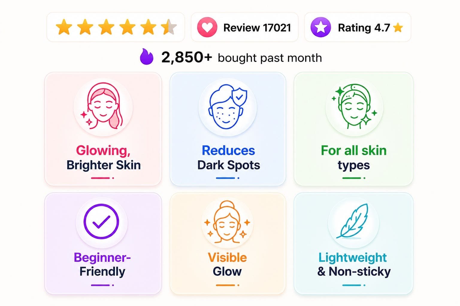 Skincare product customer reviews and rating banner showing core benefits like glowing brighter skin and reduces dark spots
