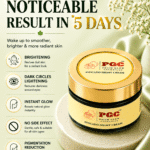 PGC Prism Glow Cosmetics Avocado Night Cream jar on a stone pedestal highlighting key benefits like brightening, dark circles lightening, instant glow, and pigmentation reduction