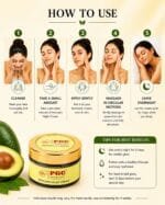 PGC Prism Glow Cosmetics Avocado Night Cream step-by-step application guide showing cleanse, apply, massage, and leave overnight instructions