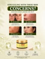 PGC Prism Glow Cosmetics Avocado Night Cream jar targeting skin concerns like uneven skin tone, acne spots, dark spots, and melasma