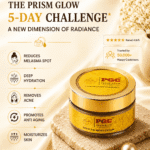 PGC Prism Glow Cosmetics Gold 24K Night Cream jar on a stone platform showcasing the 5-day challenge benefits including melasma spot reduction, deep hydration, and anti-aging properties