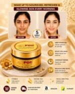 PGC Prism Glow Cosmetics Gold 24K Night Cream before and after comparison banner showing a 5 days result for deep hydration, dark spots reduction, and overnight repair